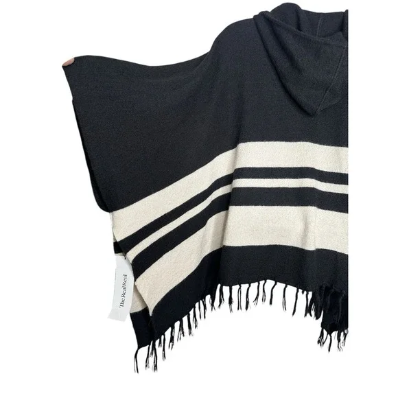 FRAME Baby Alpaca Poncho Block Striped Fringe Black Bone Hooded Cape Cozy Knit - Picture 5 of 10